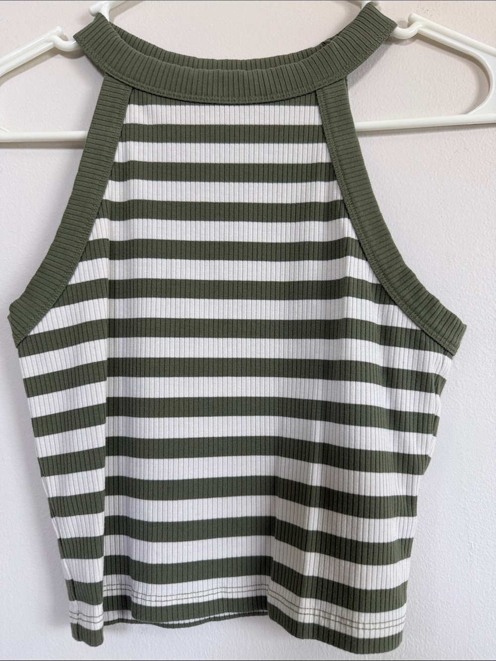 American Eagle Outfitters Olive Green and White Striped Ribbed Halter Tank